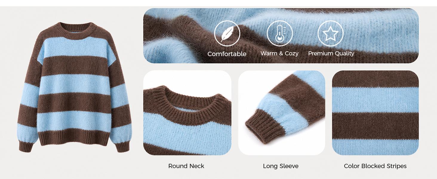 Fisoew Retro Color Block Stripe Sweater, Crew Neck Oversized Balloon Long Sleeve Loose Casual Pullover Top Matching Jeans Pants Fall Winter Casual Layering Top
