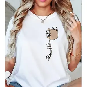 Kawaii Animal Cotton Tee Pocket Pandas Climbing Rope Graphic Womens Casual Loose Fit Trendy Fashion Shirt For Panda Fans