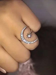 S925 Silver Color Star Moon Surround Synthetic Zirconia, Adjustable & Low Allergenic, Party Wedding Accessories, Elegant Ring