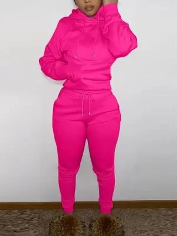Women's 2 Piece Solid Color Sweatsuit Set, All-match Long Sleeve Pocket Hoodie Pullover Top & Drawstring Sweatpants, Hooded Sweatshirt and Jogger Pants Set, Casual Fall Outfits for Daily Wear Outdoor Sports, Female Regular Simple Two-piece Pants Set