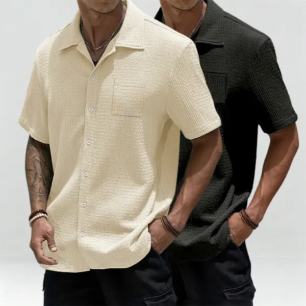 2-pack men’s solid-color short-sleeve single-button casual office shirts; loose fit; jacquard knit fabric; summer men’s shirt; menswear; men’s shirt; slim-fit men’s shirt; men’s short-sleeve formal shirt