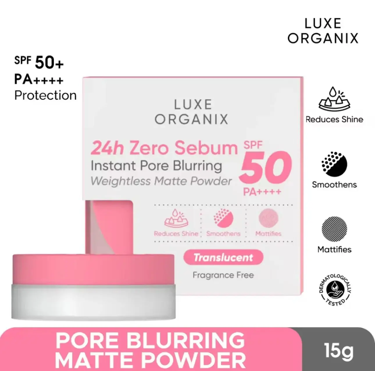 LUXE ORGANIX 24H Zero Sebum Instant Pore Blurring Weightless Matte Powder Spf 50 Pa++++ Natural 15G
