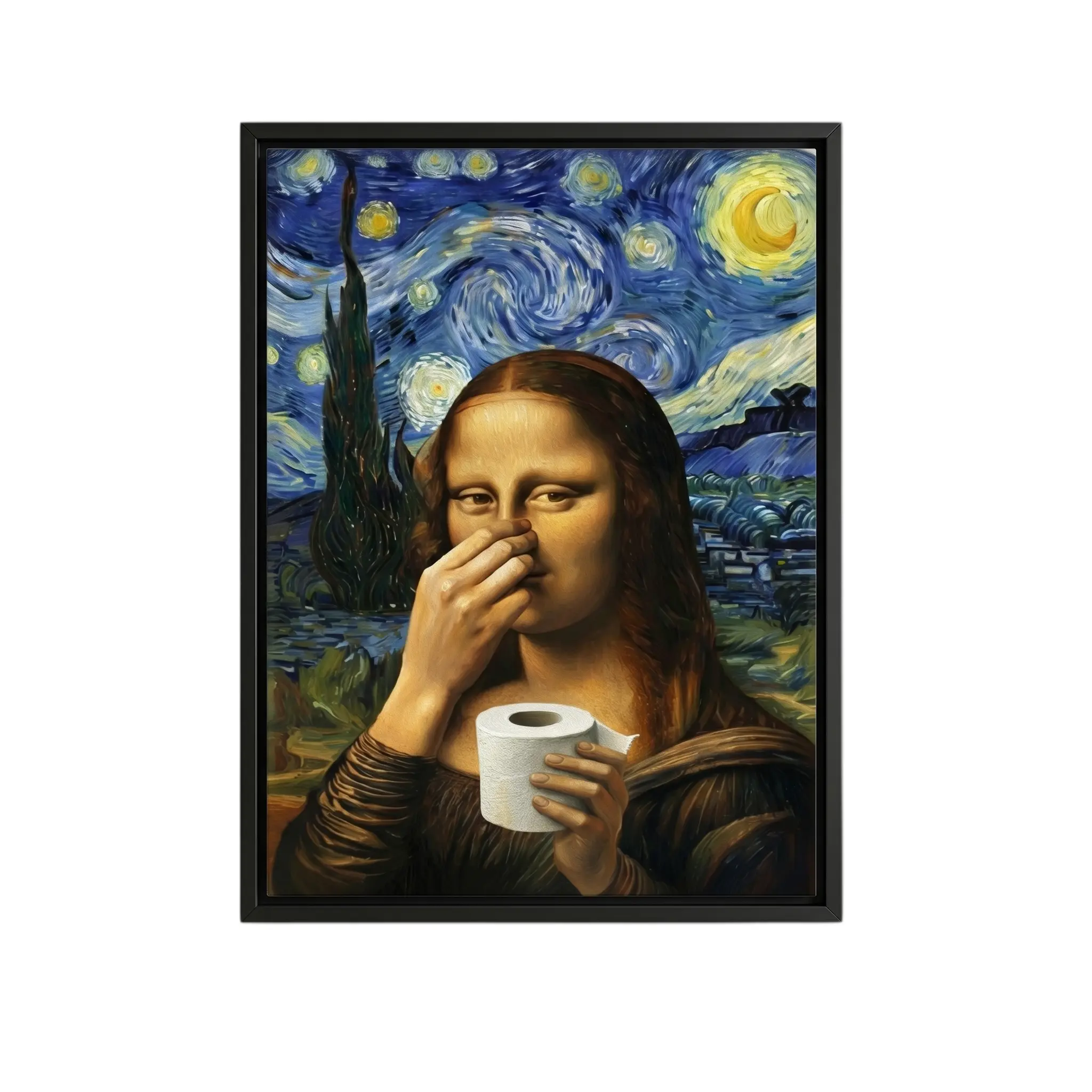 Funny Mona Lisa Bathroom Wall Art, Vintage Framed Canvas Painting, Humorous Restroom Toilet Decor Print for Modern Bathroom