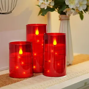 Red Flameless Candles 3 Set, Flickering Battery Operated Candles Embedded Fairy String Light, Realistic Pillar Candle with Remote Control and Timer, Acrylic, D3 x H4 5" 6" Lighting Modes Adjustable Indoor Lighting christmas lights christmas decorations