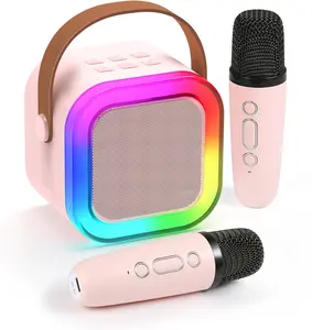Karaoke Machine for Kids Adults, Mini Karaoke Machine with 2 Wireless Microphones, Portable Bluetooth Speaker with Voice Changing Effects & LED Lights, Best Gifts Toys for Girls and Boys Beige Room Accessories wireless  karaoke