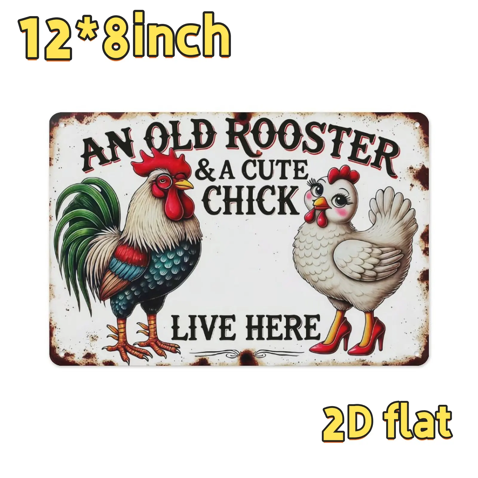 1pc Vintage "An Old Rooster & Cute Chick Live Here" 8x12in Rectangle Durable Metal Wall-Yard Sign - Rustic Farmhouse Home Decor Products, Weather-Resistant Animal-Themed Art with Pre-Drilled Holes for Room, Kitchen Decor