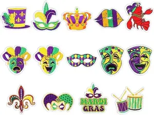 14Pcs Mardi Gras Iron-On Sew-On Patches Carnival Heat Transfer Iron Patches Embroidered Cloth Patches Iron on Patterns for Valentine's Day DIY Crafts Clothing Fabric