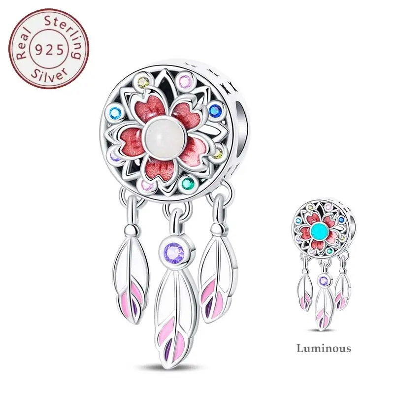 Dream Catcher Charm in S925 Sterling Silver with Cherry Blossom, Hypoallergenic Pendant for Bracelets, Valentine's Day & Birthday Gift for Female, Charms & Pendants, Anniversary