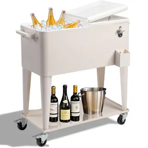 80 Quart Rolling Ice Chest, Portable Bar Drink Cooler with Catch Basin, Bottom Storage Tray and Bottle Opener for Patio Party BBQ Beach Activities