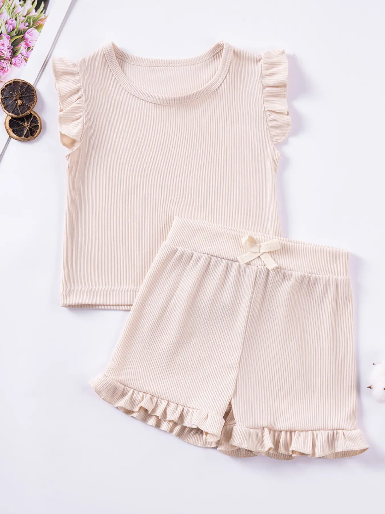 Girls' Summer Two-Piece Set, Knitted Set Clothes, Fashion Clothes Sets, Matching Outfits Set, Match Style Set, Solid Color Short Sleeve Top & Casual Shorts for Kids, Summer Clothing Set, Fashionable and Comfortable, Summer Outfits