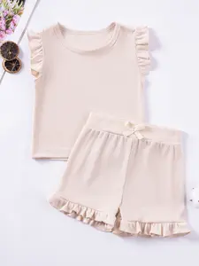 2pcs Girls' Summer Two-Piece Set, Pure Color Short Sleeve Top & Casual Shorts, Fashionable Comfortable, Fashion Style Sets Clothes Kids
