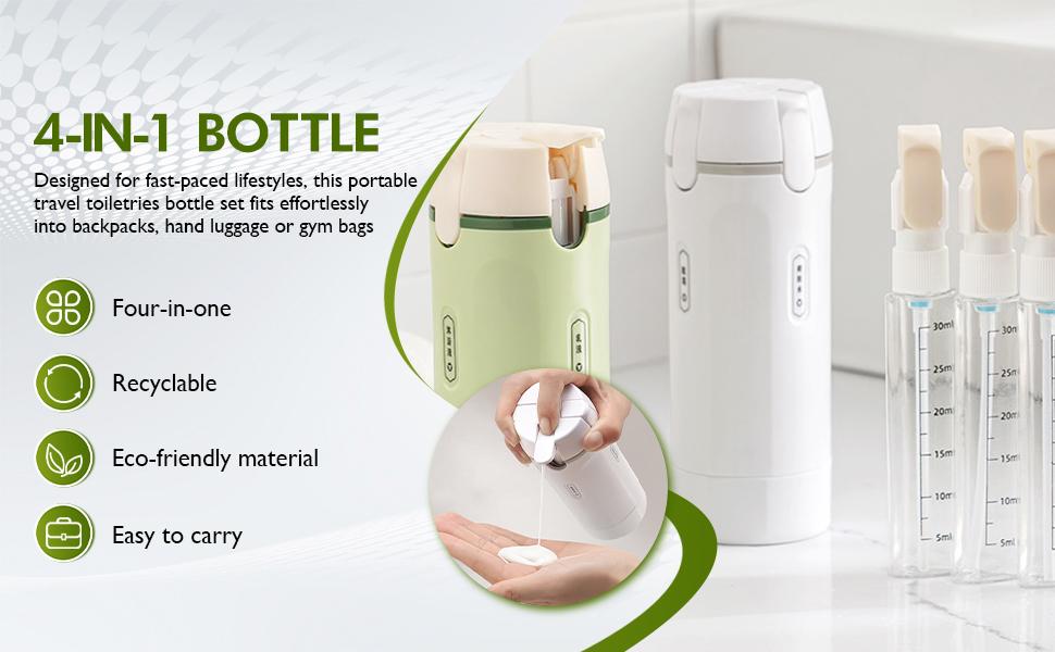 4-in-1 travel dispenser bottle compact size comparison with passport