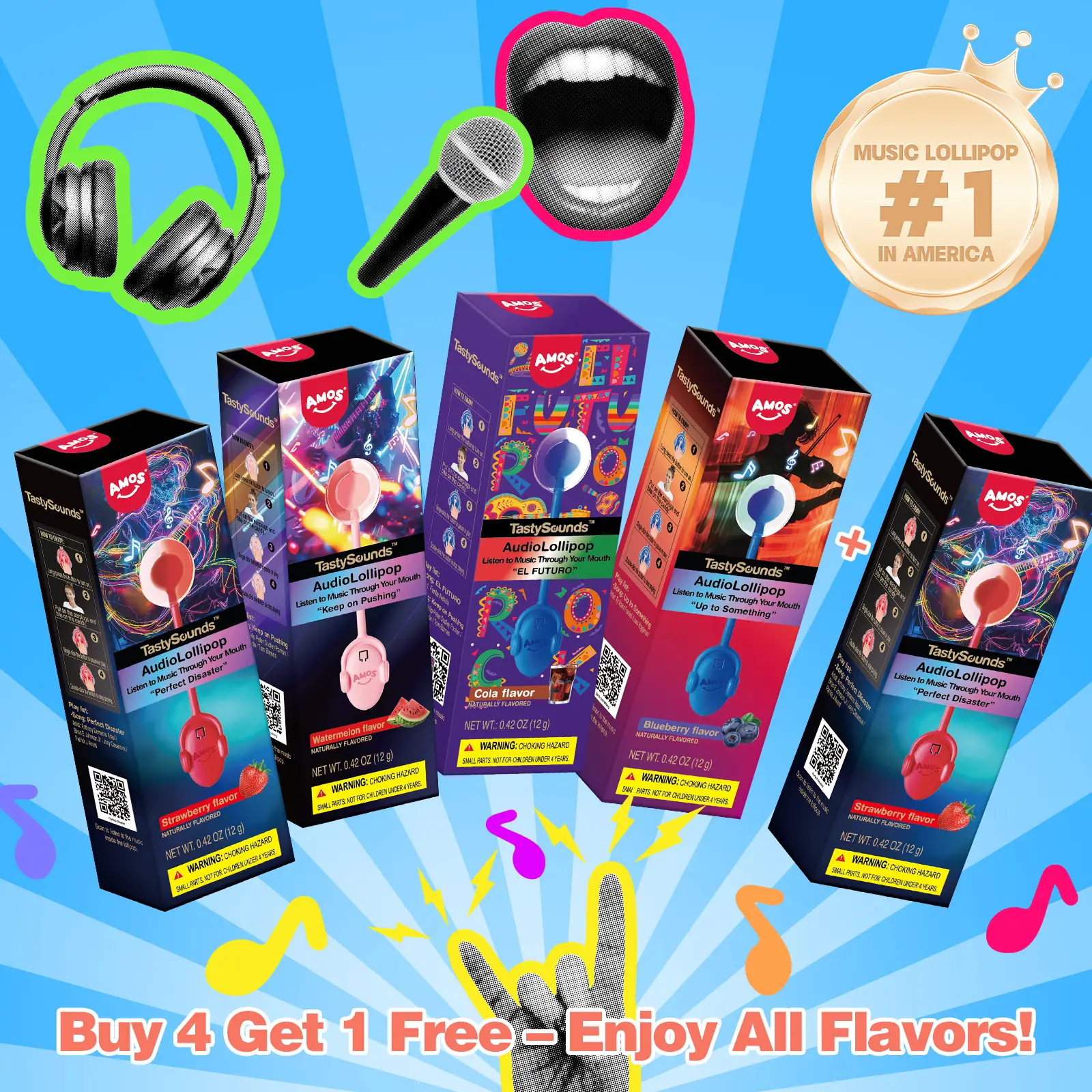 Amos TastySounds AudioLollipop - Music Lollipop with Advanced Bone Conduction Technology - Sugar-Free & Teeth-Friendly - Buy 4 Get 1 Free - Exotic Fla