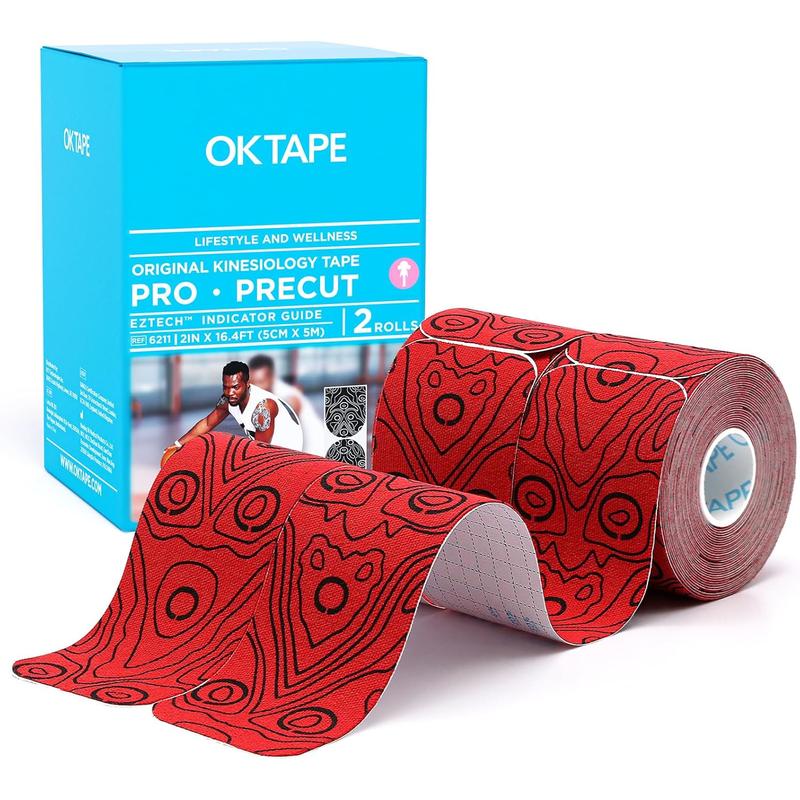 OK TAPE PRO Original Kinesiology Tape Pre-Cut Strips, Latex Free Elastic Athletic Tape Roll, 2in×16ft 2Rolls,Pink+White
