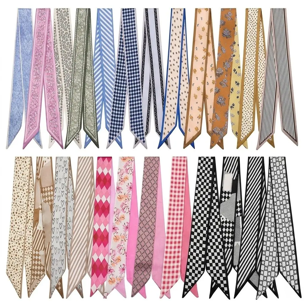 Women's 24-Count Fade-Proof Silk-Like Multifunctional Female Girly Accessories Set - 38.6x2.7in Neck Wraps, Headbands, Bag Accents in Assorted Prints for Adult Casual Daily Use,summerwins Floral Embroidered Scarf