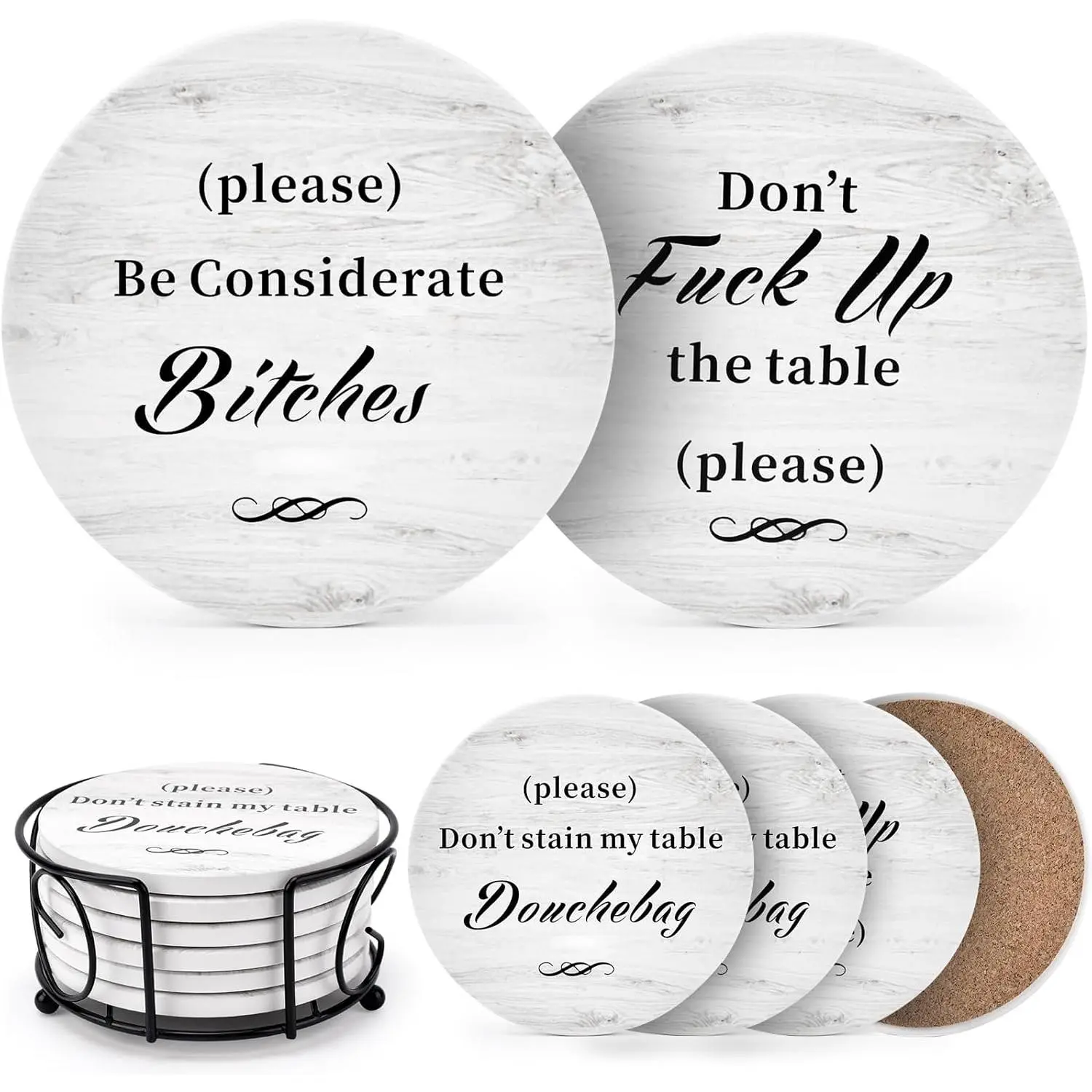 Humorous 6-Piece Coaster Set with Holder - Tableware Gag Gifts for Him, Christmas Stocking Stuffers (with Funny Text), Birthday, Six Pieces