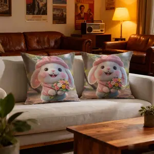 2PCS Rabbits, Pink Hat, Smiling, Bouquet, Suitable for Living Room Sofa, Bedroom Bed, Car, Gift Decoration, Theme Activities, 2D Flat Printing