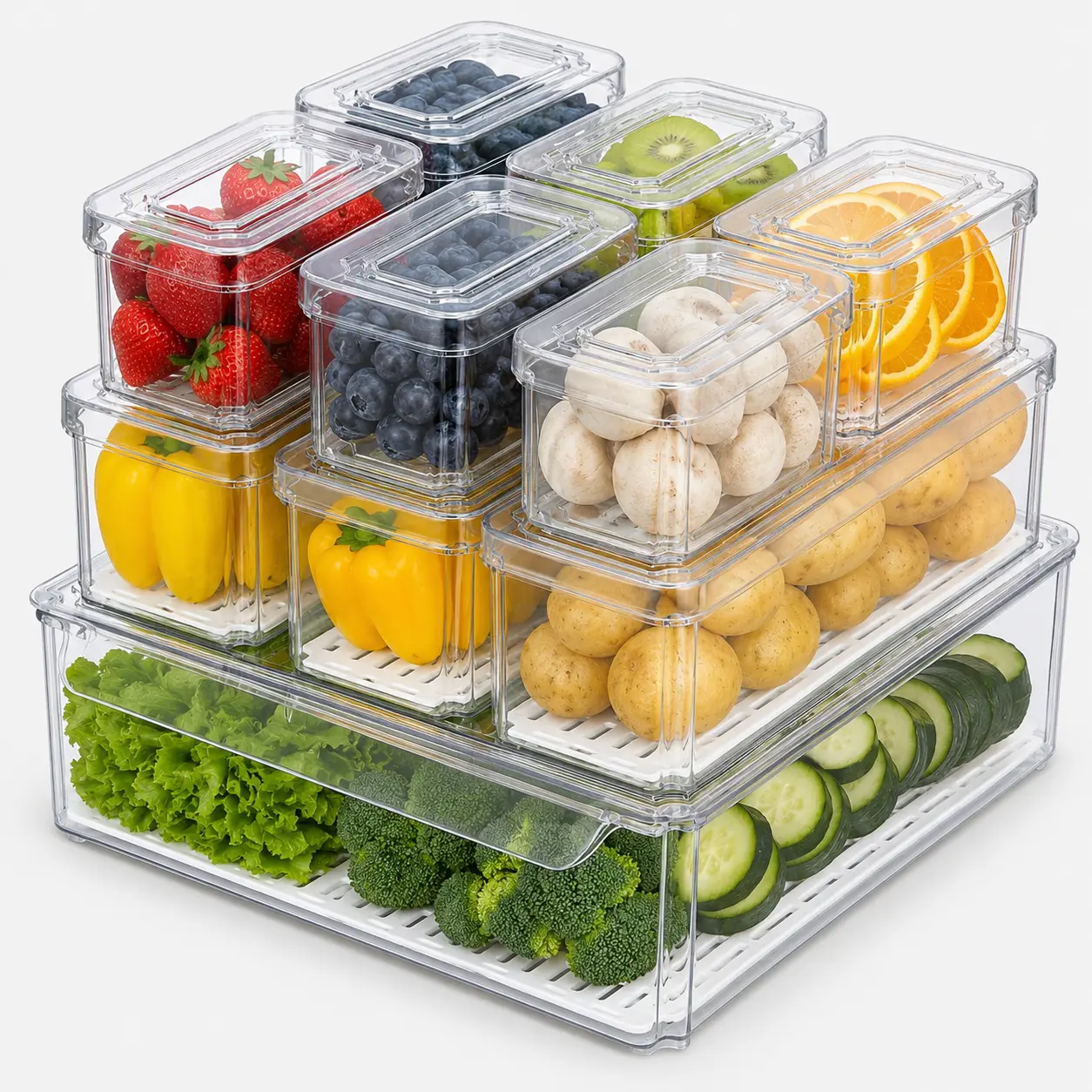 AISOON 10/14 Pack Fridge Organizer Bins with Lids, BPA-Free Stackable Clear Containers for Food, Drinks, and Food Storage, Ideal for Kitchen Organization