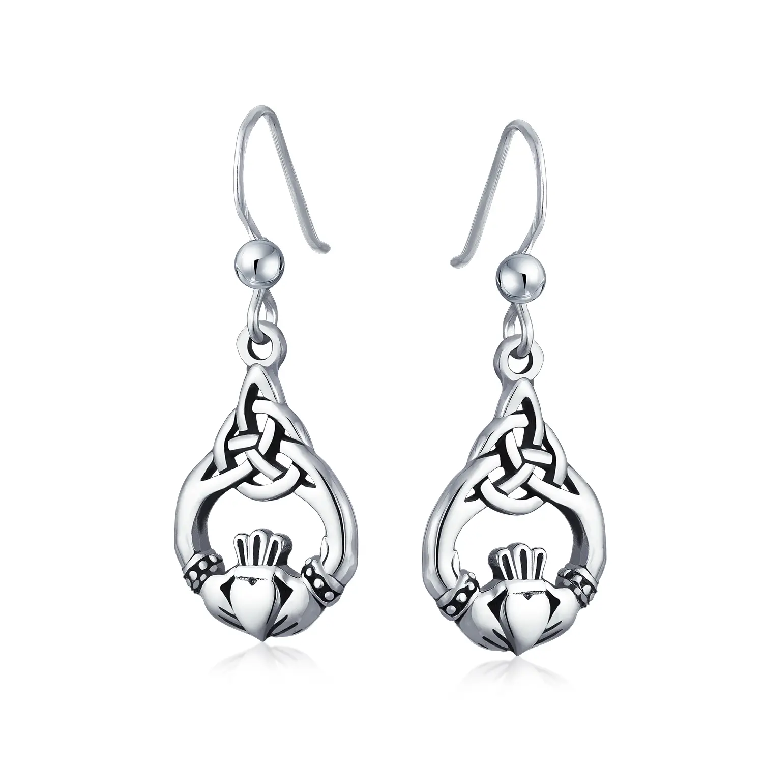 Friendship Love Symbol Celtic Claddagh Heart Dangle Earrings Oxidized .925 Sterling Silver