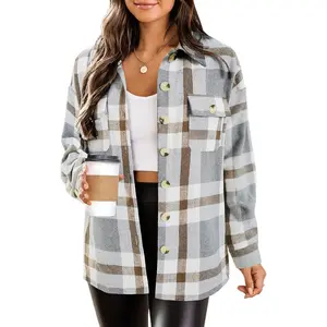 Womens Flannel Plaid Shacket Jacket Button Down Tartan Trench with Pocket Long Sleeve Cropped Fashion Coat S-XXL