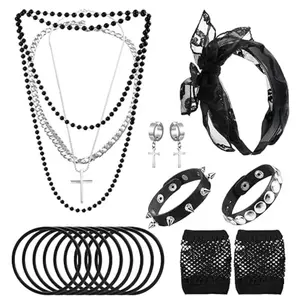 80s Women Costume Accessories Halloween Leather Punk Bracelet Black Cross Necklace Lace Headband Fishnet Glove - Home Improvement.
