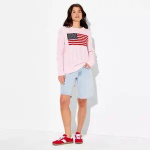 Women's Crewneck American Flag Pullover Sweater - Wild Fable Light Pink Flags M