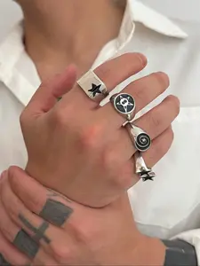 Men's Y2K Streetwear Style Stackable Rings Set, Creative Pentagram Oil Drip Design Open Ring Collection, Unique Fashion Accessories for Men Adjustable Rings
