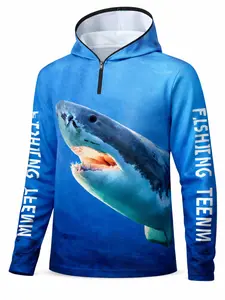 Men's Outdoor Fishing Hoodie Long Sleeve T-Shirt, Shark Theme 3D Design, Quick-Dry Breathable Fabric for Camping & Fishing, Comfortable Loose Fit Sportswear, Quick Drying Top, Athletic Fashion Activewear