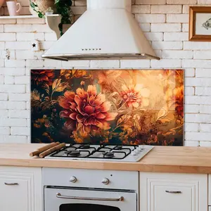 GCKG Floral patterns decorate Vintage Tempered Glass Kitchen Backsplash, Stove Back Cover, Stove Splashback, Cutting Board, Kitchen Wall Decor