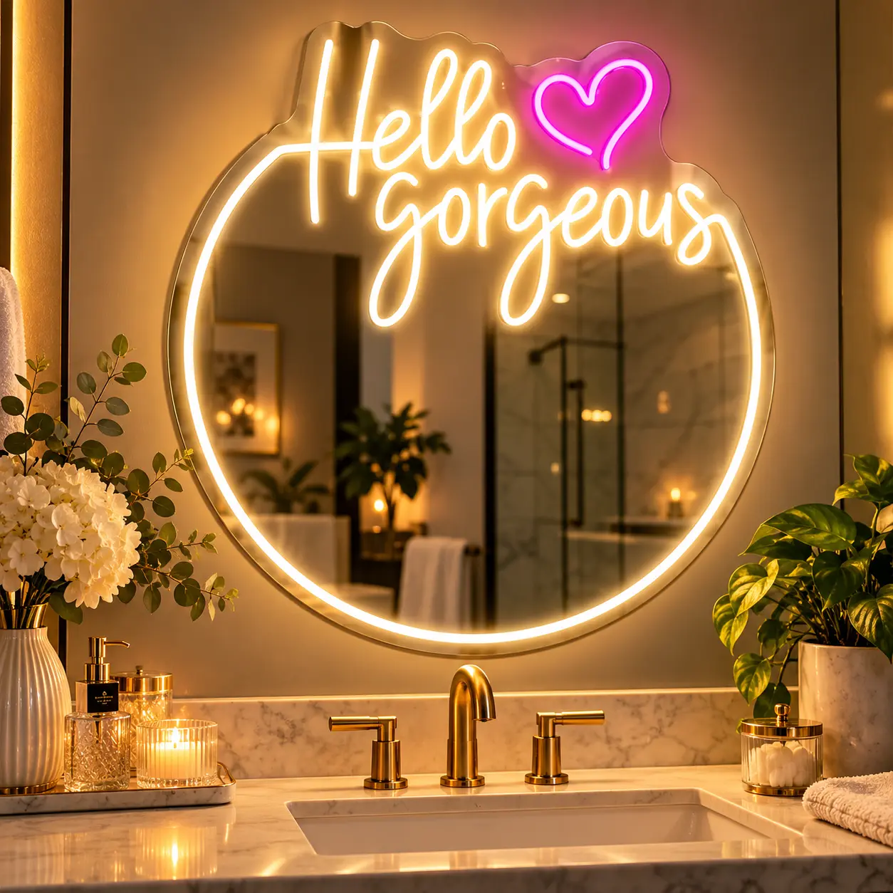 Modern Vanity Mirror, Warm White "Hello Gorgeous" Neon Text with Pink Heart, 43x39cm Contemporary Irregular-Form Plastic Body, USB-Operated LED Light, Girly Room Accessory, Festive Decor Gift for Her