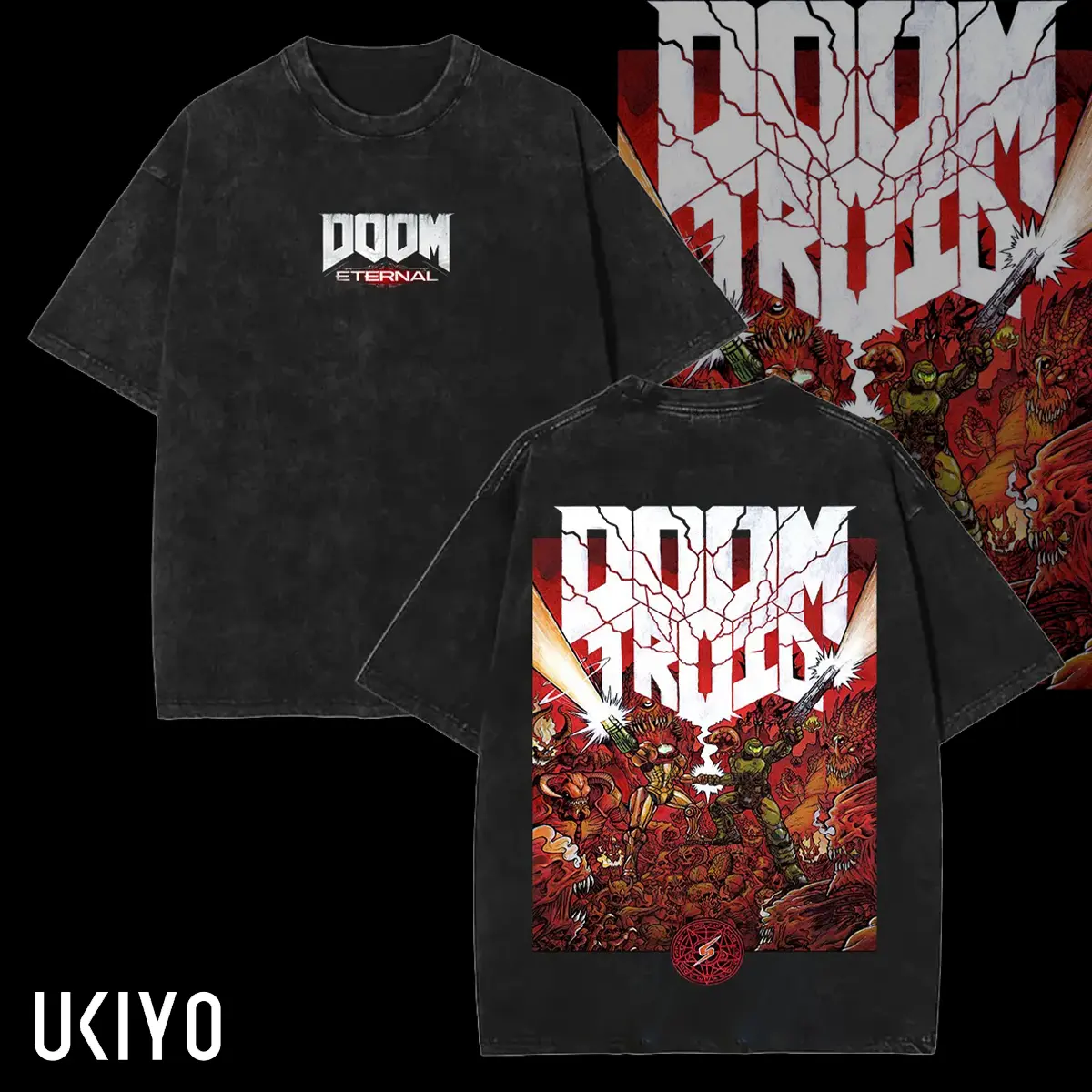 Doom Eternal Samus Metroid Game Printed Unisex Washed T-Shirt Retro SciFi Bounty Hunter Graphic Tee Vintage Acid Wash Heavyweight Cotton Oversized Gamer Merch Gift