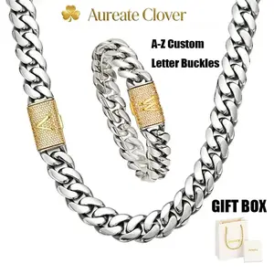 Custom A–Z two-tone Cuban chain set: 14 mm silver chain with gold letter clasp • Oxidation-resistant, shower-safe stainless steel • Personalized hip-hop style