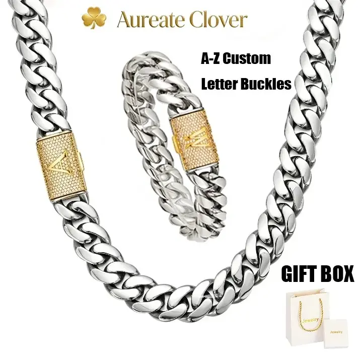 Custom A-Z Personalized Cuban Link Accessory Set - 14mm 2-Tone Silver Chains with Gold Letter Clasp, Tarnish-Resistant Shower-Safe Stainless Steel Jewelry, Unisex Bold Hip-Hop Necklaces for Graduation, Evening Gifts