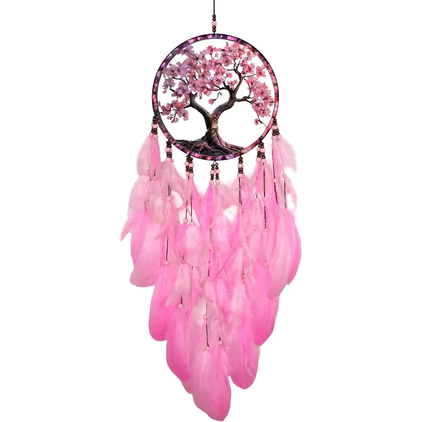 Tree of Life Dream Catcher Wall Hanging - Handmade Feather Room Decor | Natural Beads & Plumage, Bedroom or Living Room, Aesthetic Boho Vibes, Filters Nightmares, Spiritual Gift