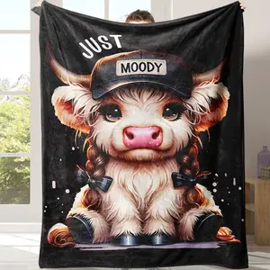 Cartoon Cattle Pattern Flannel Blanket, Cow Pattern Soft Warm Throw Blanket, Air-conditioned Room Blanket, Warm Nap Blanket for Home Office Travel Camping, Cow Print Blanket