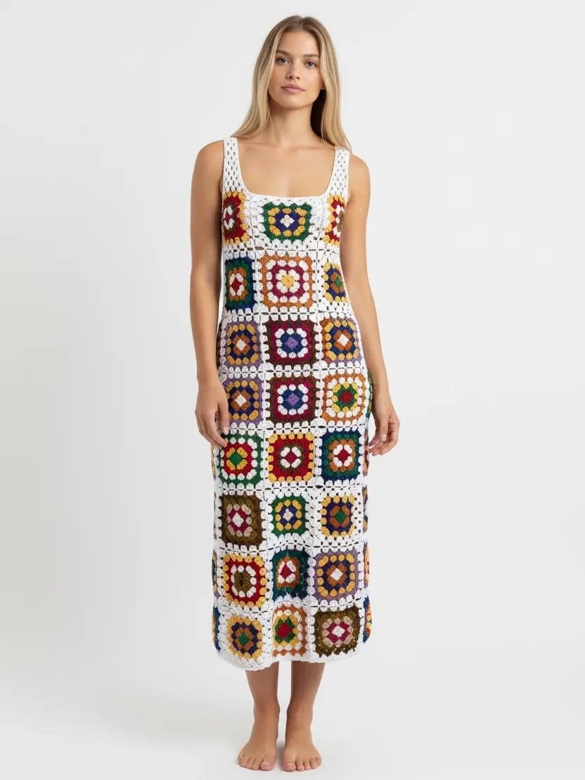 Handmade Crochet Granny Square Dress White Multicolor Boho Festival Dress