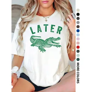 Funny "Later" Alligator Graphic T-Shirt, Retro Crocodile Humor Print Oversized Crew Neck Tee, Unisex Short Sleeve Streetwear Cotton Top, Trendy Meme Aesthetic Shirt for Animal Lovers, Meme Fans