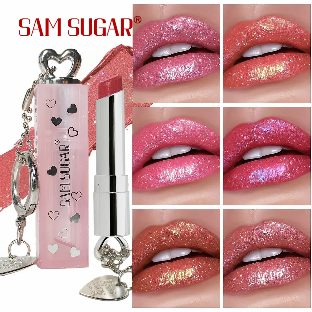 Sam Sugar 6 Color Shiny Lipstick, High Shine Lipgloss, Lippie Gloss, Long-Lasting Moisturizing, Hydrating, Metallic Glossy Finish, Heart Bullet Design, Keychain Decoration Gift for Women, Makeup, Cosmetic