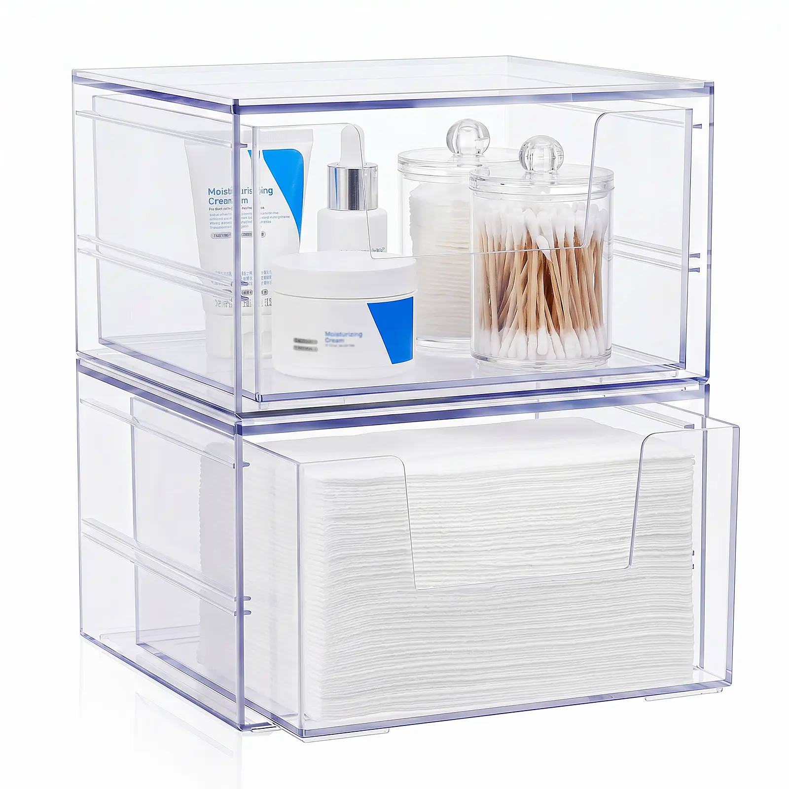 HomeTuk M2 Rectangle Disposable Facial Towel Organiser - 1PCS/2PCS Clear Acrylic Dustproof Modern Eco-Friendly Box with Drawer, U-Shaped Opening, Holds 50+, for Bathroom Vanity (Fits XL Clean Skin Club)