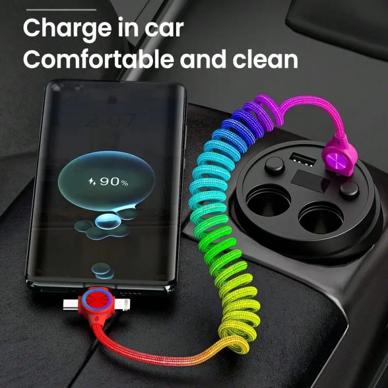 Three-In-One Retractable USB Fast Charging Data Cable 60w High Power 480mbps, Durable Nylon Braided, Adjustable Spring Length, Compatible with iPhone/samsung, Car Charger Cable