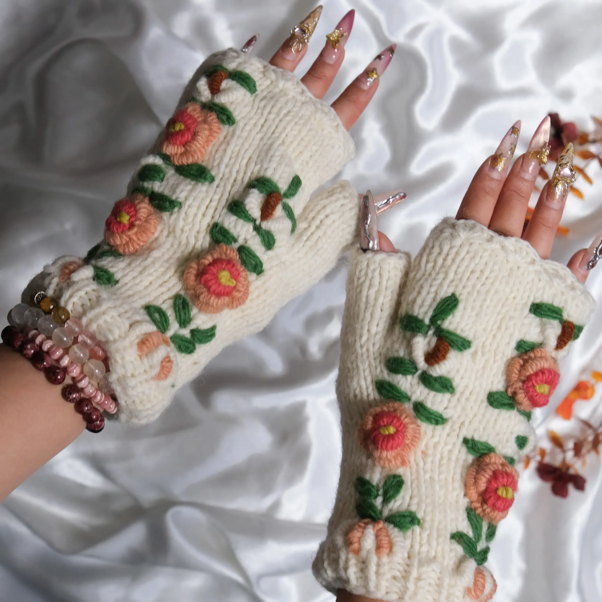 Handknit Fingerless Adult Gloves, Flower Crocheted Half Finger Mittens, Handmade Wool Gloves, Fleece Lined Handwarmers, Warm Wrist Warmers