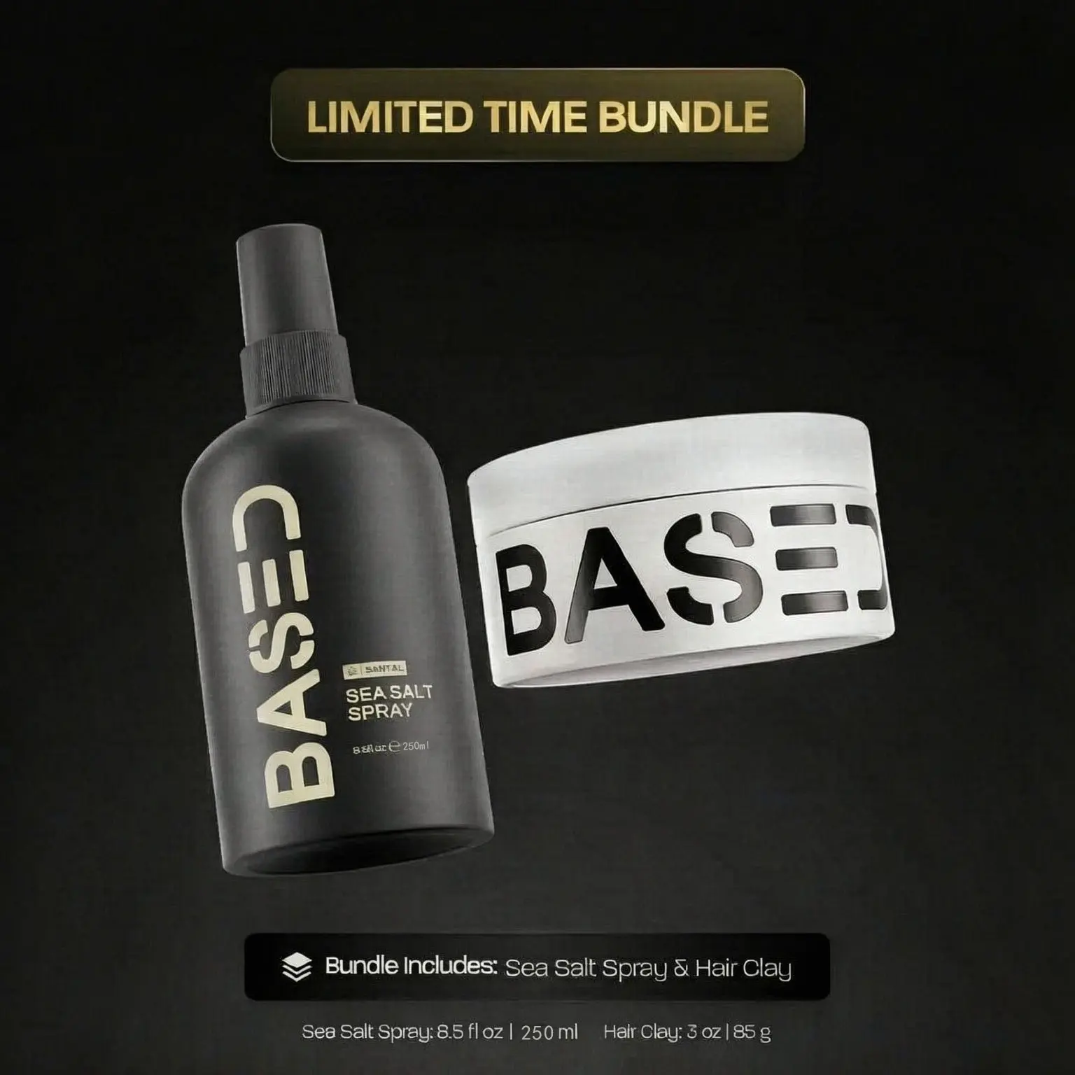 BASED Texture & Hold Duo: Sea Salt Spray & Hair Clay Bundle - Science-Backed Volumizing Spray with Kelp & B5 + Strong Hold Texturizing Clay with Santal Sandalwood, Low Shine, Paraben Free