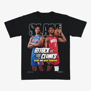 Ausar & Amen Thompson “Attack of the Clones” Basketball T-Shirt – Black Graphic Tee Featuring SLAM Style Twin Pro Hoops Star Design