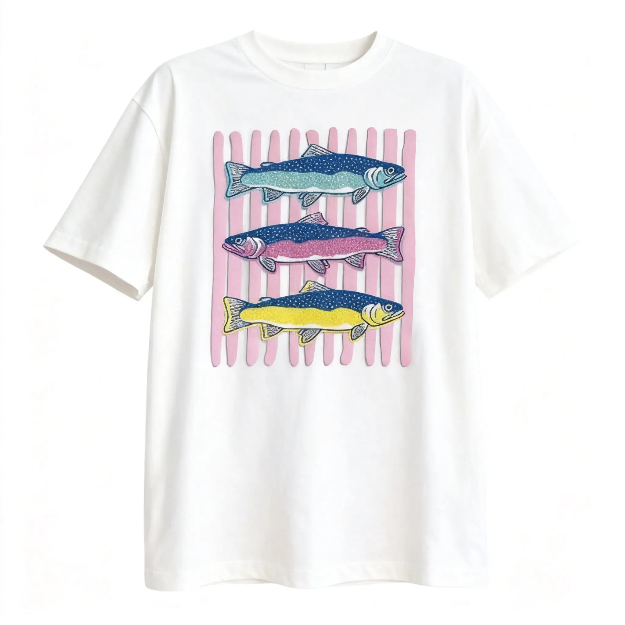 Unisex Vintage Classic Casual Salmon Fish Art Print Colorful Short-Sleeve T-Shirt - Streetwear Top for Retro Matching, Summer Workout Fit, Tshirt, Shortsleeve