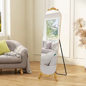 Full-Length Gold-Framed Mirror with Exquisite Wrought Iron Carvings, HD Silver Mirror, Anti-Sputtering Glass, Elegant Triangular Metal Stand for Living Room, Bedroom, or Hallway, Vintage Luxury Style, Full-Body Reflection, Sturdy, Easy-Clean