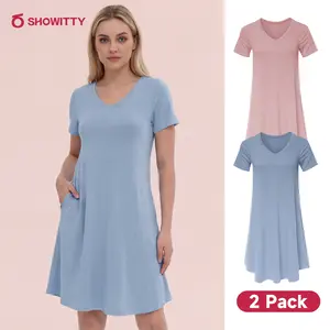SHOWITTY 2-Pack Women's Casual T-Shirt Loungewear Dresses with Pockets, Plus Size Clothing Short Sleeves Pajama Dress, Relaxed Swing Fit Summer