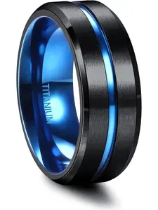 G23 Titanium Ring for Men 8MM Black Ring with Blue Centre Groove Engagement Rings Wedding Promise Ring Mens Rings Size O-Z1/2