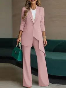 Women's Casual Solid Color Set Suits, Long Sleeve Asymmetrical Blazer and High Waist Wide Leg Pants, Perfect for Daily Commuting