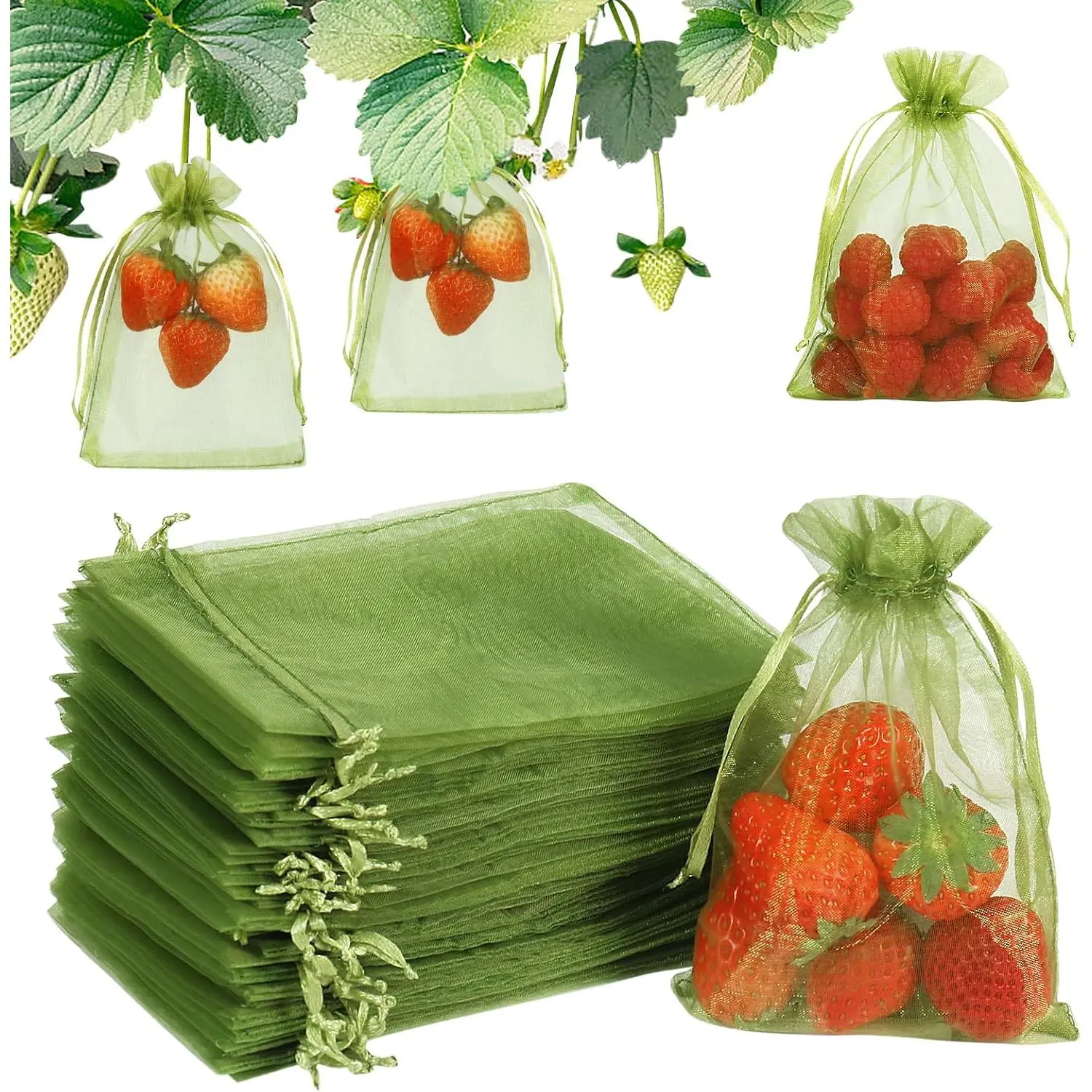 100 count Fruit Protection Bags, 4x6 Inch Green Strawberry Netting Cover Drawstring Mesh Bags Pest Barrier for Blueberry Small Fruit