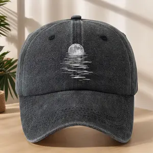 Ocean Moon Reflection Vintage Washed Dad Hat, Celestial Aesthetic Cotton Baseball Cap, Casual Distressed Hat for Night Beach Walk Stargazing Camping, Cute Astrology Gift for Nature Lover Girlfriend